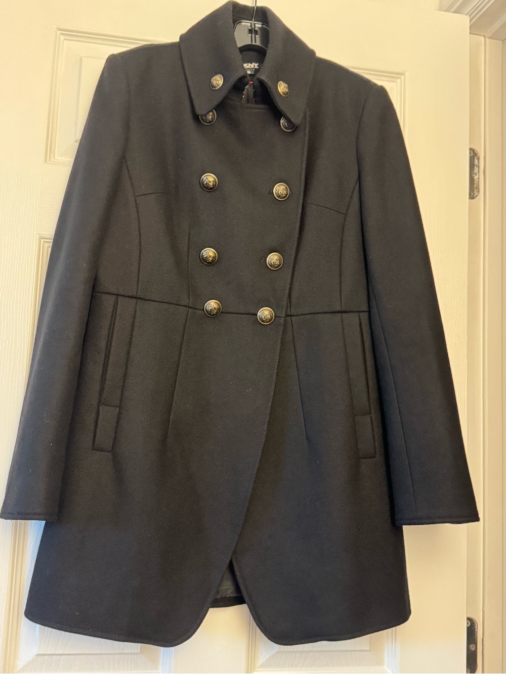 DKNY Black Double-Breasted Pea Coat with Gold Buttons